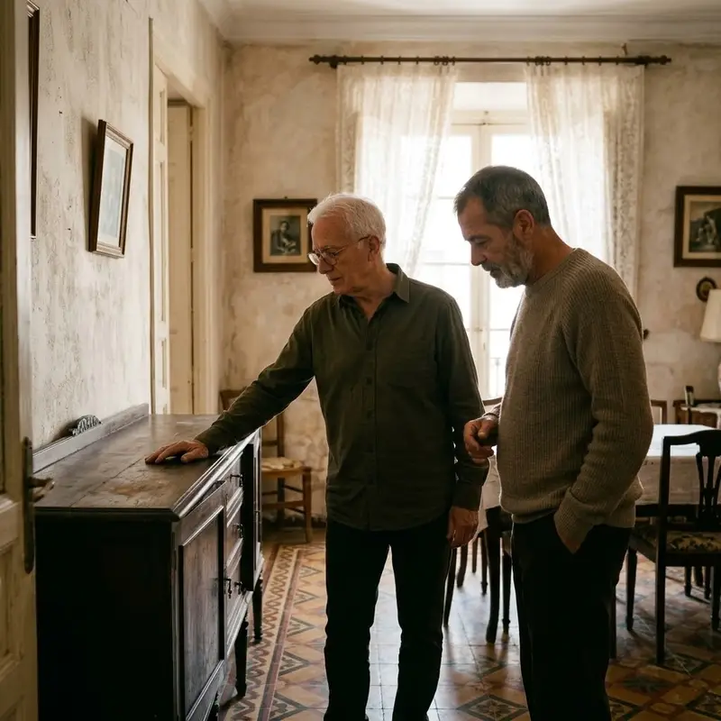 Dos hermanos de unos sesenta años revisando un aparador antiguo en el comedor de un piso de toda la vida