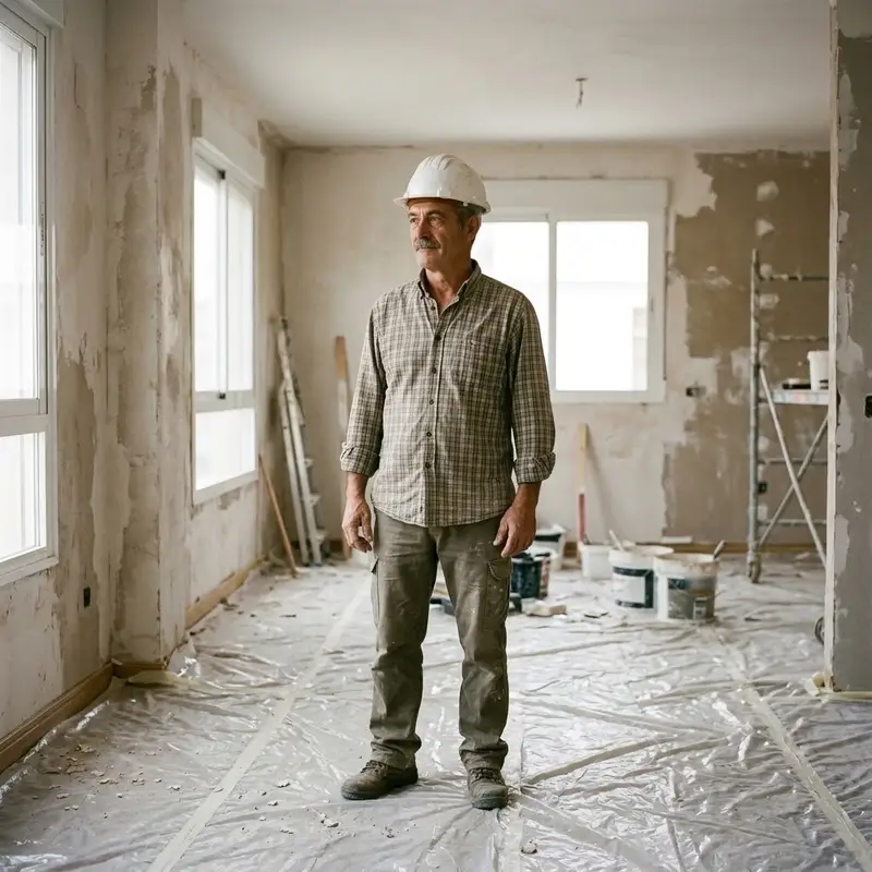 Hombre de unos cincuenta años con casco y camisa de cuadros mirando un salón en obra, con el suelo cubierto de plástico