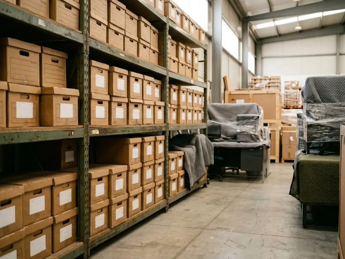 Estanterías de un almacén con cajas de archivo iguales numeradas y mobiliario de oficina embalado al fondo