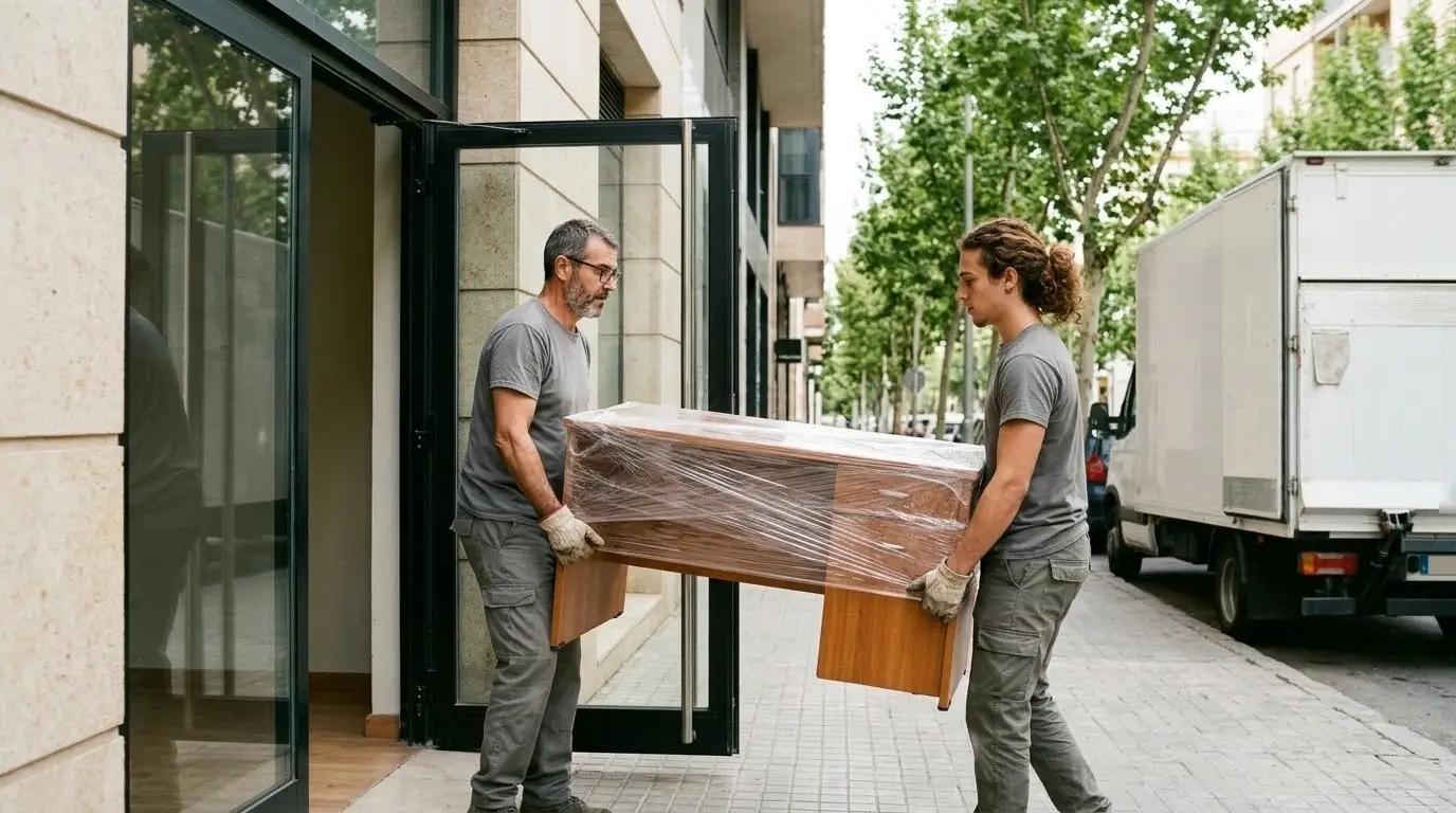 Dos operarios sacando mesas y sillas de oficina embaladas por la puerta de un local comercial hacia un camión blanco