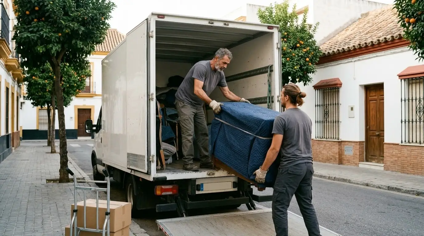 Dos operarios cargando cajas y una cómoda envuelta en mantas en un camión blanco en una calle de Sevilla con naranjos