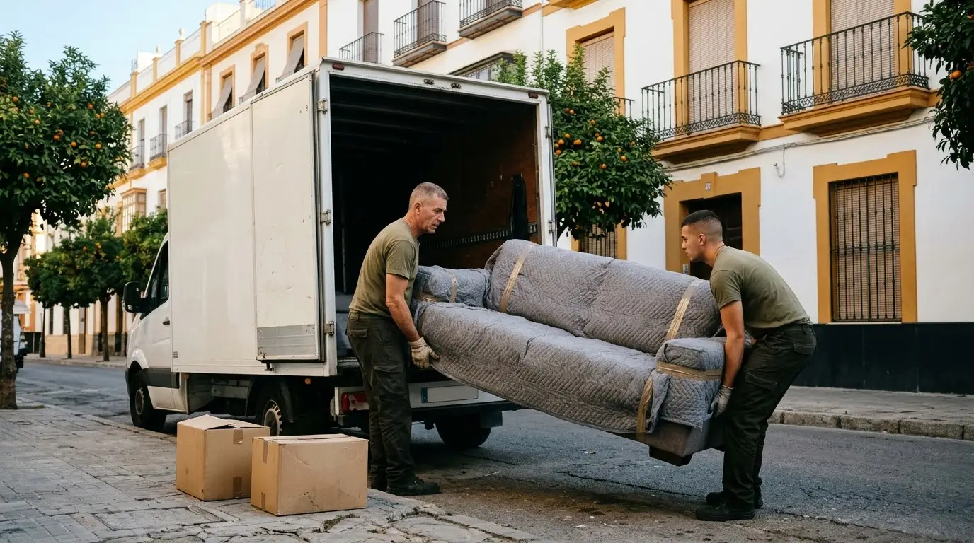 Dos operarios cargando un sofá envuelto en manta de protección en un camión blanco delante de un edificio de pisos de Sevilla