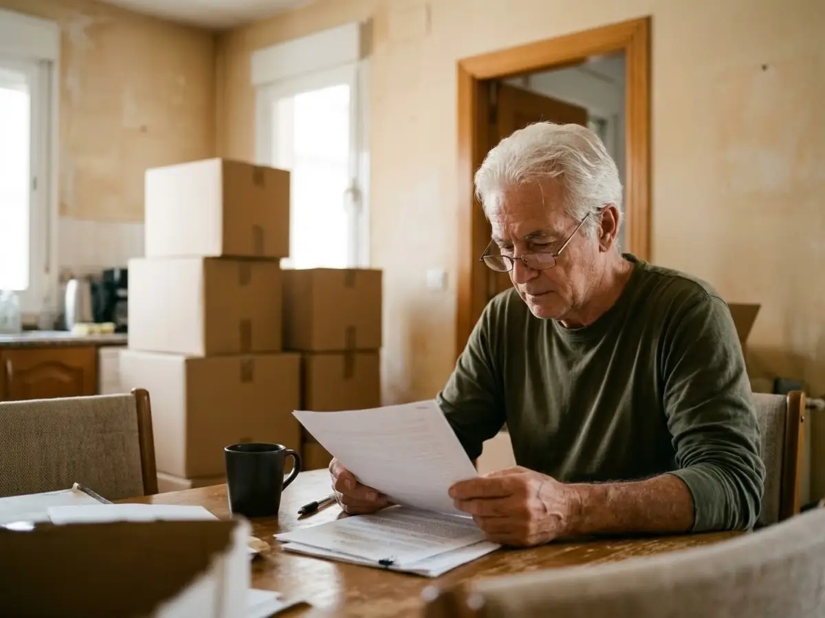 Hombre de unos sesenta años con gafas leyendo un contrato en la mesa de su cocina, con cajas de mudanza al fondo