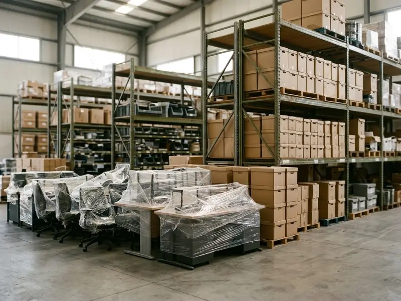 Sillas y mesas de oficina embaladas y apiladas en un almacén ordenado junto a cajas de archivo