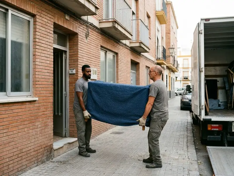 Operarios bajando muebles embalados por el portal de un edificio hasta un camión de mudanzas blanco