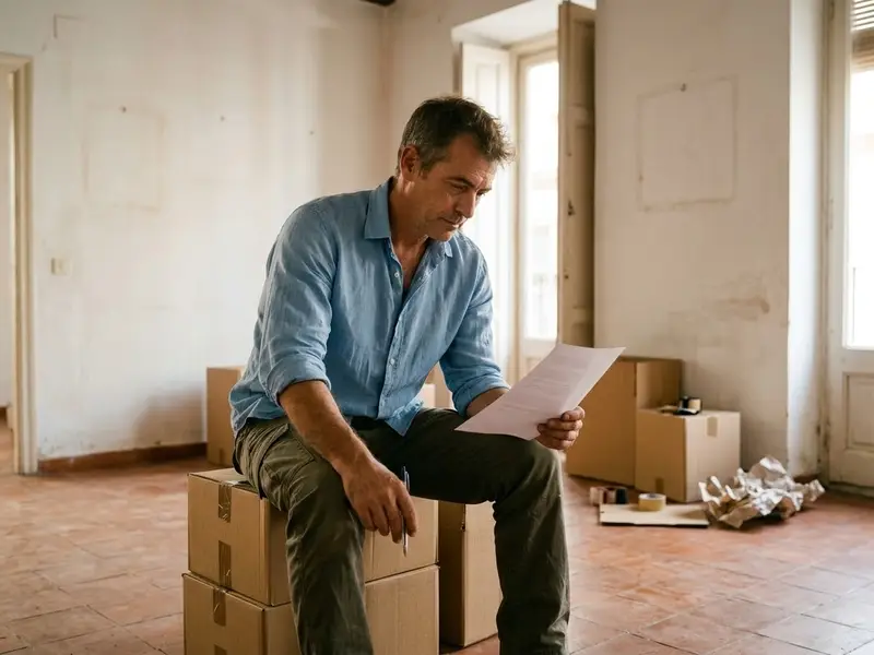 Hombre de unos cuarenta años repasando un presupuesto en papel sentado entre cajas de cartón en un salón vacío